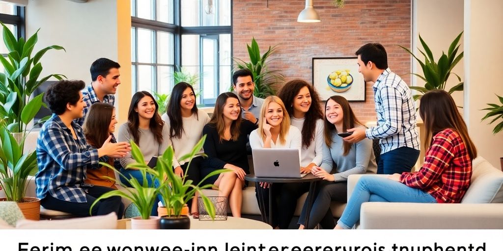 Group of entrepreneurs collaborating in a lively workspace.