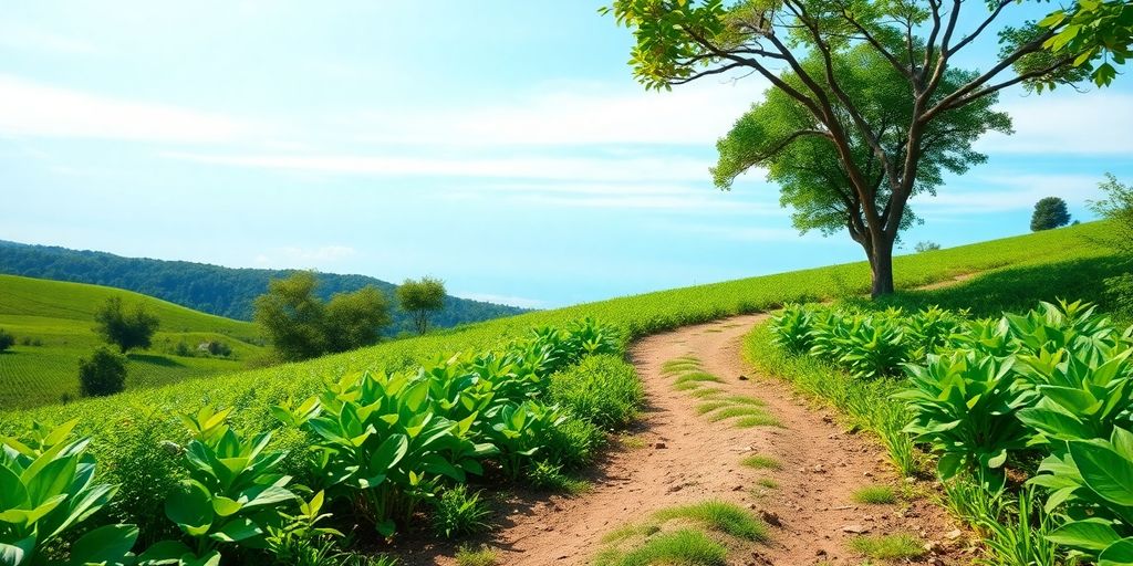 Lush greenery with a path symbolizing growth and sustainability.