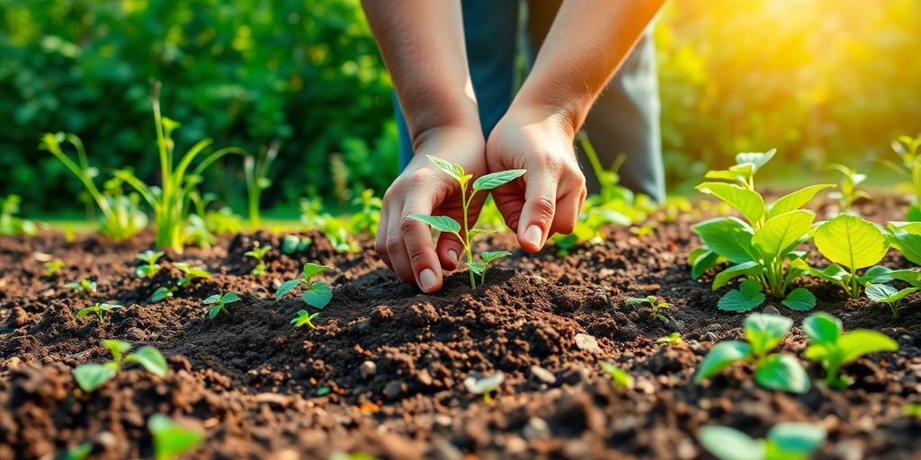 Hands planting seeds in lush greenery and fertile soil.