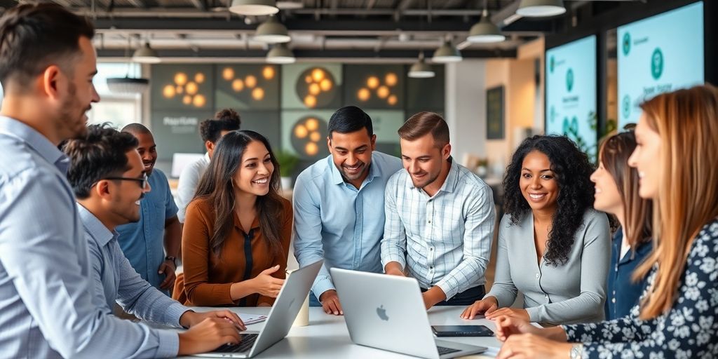 Group of leaders collaborating in a modern workspace.