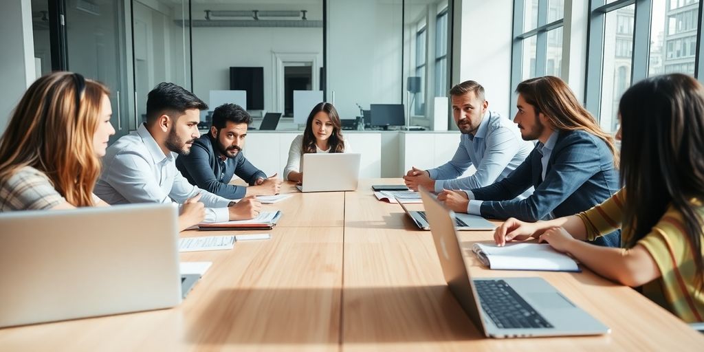 Business team brainstorming in a bright office space.